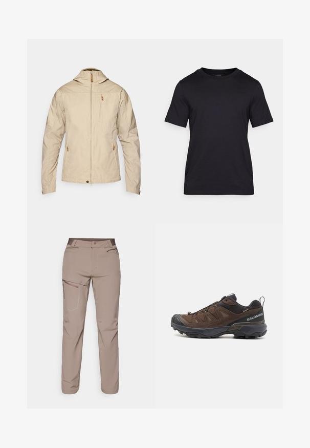 Beige lightweight jacket with a high collar, front zipper, and two zippered pockets. Smooth fabric with minimal stitching detail.; Black T-shirt made of smooth fabric, featuring a crew neckline and short sleeves. Subtle branding printed in black on the chest.; Salomon WAYFARER PANTS - Outdoor trousers - iron; Brown hiking shoe with mesh and suede upper, black accents, textured sole, and elastic lacing system for secure fit. Features logo on side.