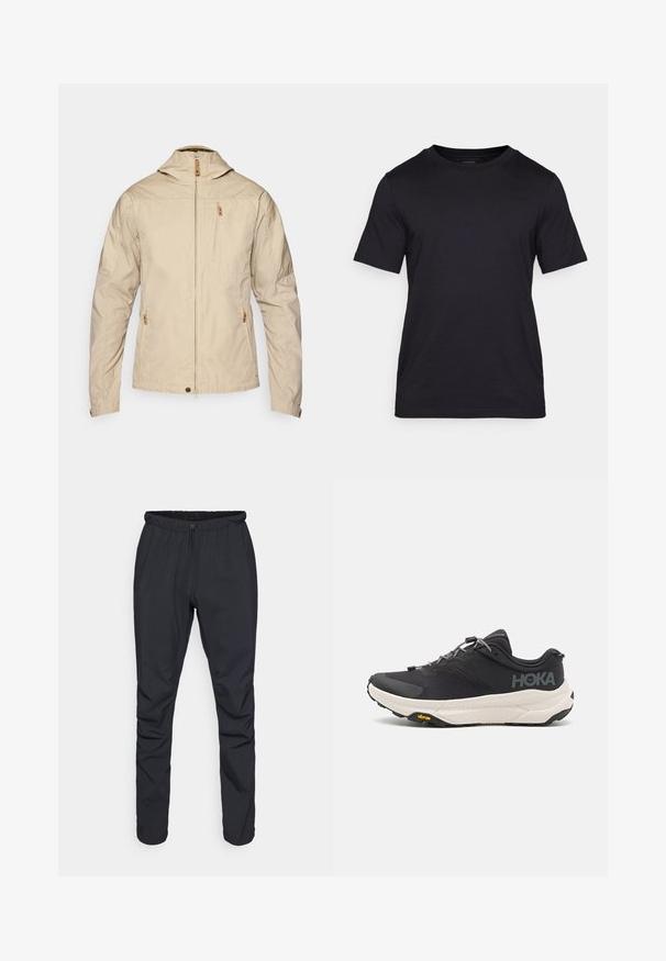 Beige leichte Jacke mit hohem Kragen, Frontreißverschluss und zwei Reißverschlusstaschen. Glattes Material mit minimalen Nähdetails.; Schwarzes T-Shirt aus glattem Stoff mit Rundhalsausschnitt und kurzen Ärmeln. Dezente Markenlogo-Druck in Schwarz auf der Brust.; Schwarze leichte Hose mit elastischem Bund, Kordelzug und schmal zulaufendem Bein. Hergestellt aus wasserabweisendem Material mit glatter Textur.; Schwarzer Sportschuh mit strukturiertem Obermaterial, grauen Akzenten, reflektierenden Details und einer dicken weißen Sohle mit Vibram-Logo.
