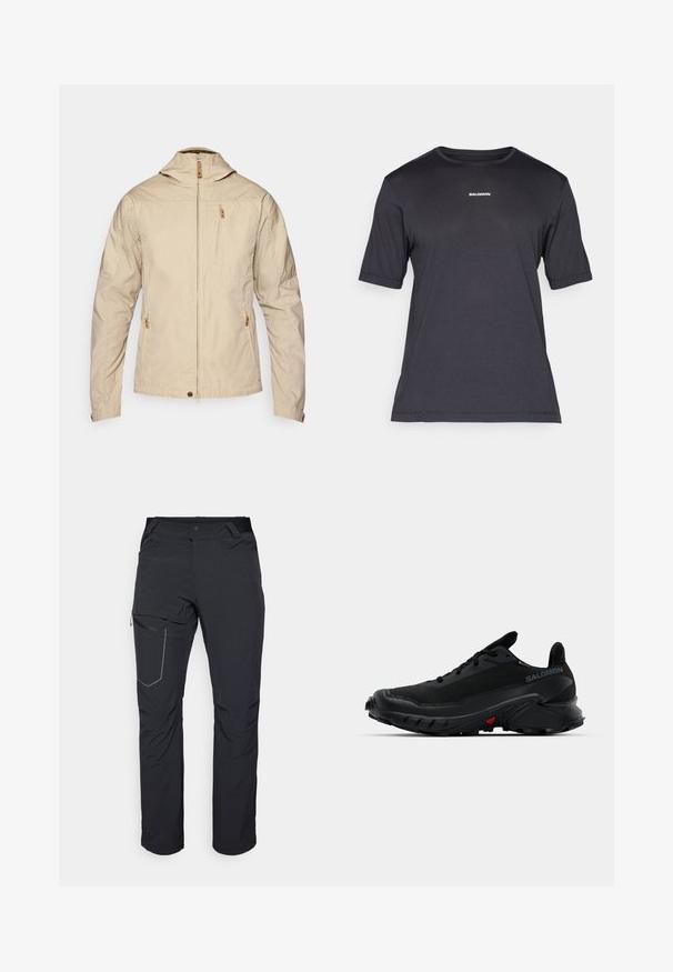 Veste légère beige avec un col montant, fermeture éclair à l'avant et deux poches zippées. Tissu lisse avec un minimum de détails de couture.; T-shirt de performance noir à manches courtes en tissu respirant, avec un col rond et un petit logo "SALOMON" blanc sur la poitrine.; Pantalon d'extérieur noir avec poche sur la cuisse zippée, taille élastique et tissu lisse, résistant à l'eau. Design épuré sans logos visibles.; Baskets de sport noires avec un dessus texturé, un bout arrondi et une semelle en caoutchouc proéminente. Présente un logo sur le côté et des détails rouges sur la semelle.
