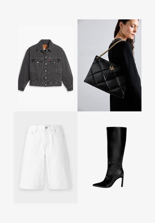 Veste en denim noire avec un col, fermetures à boutons, deux poches poitrine et une texture légèrement déchirée. Design classique avec une coupe ajustée.; Débardeur noir avec des fines bretelles ajustables, un décolleté rond et une silhouette ajustée. Fabriqué en tissu lisse avec une texture douce.; Shorts en denim blanc avec une coupe droite, des poches avant, une fermeture à bouton et une texture lisse et propre.; Botte en cuir noir montée jusqu'au genou, avec un bout pointu, un talon aiguille haut, une finition lisse et un design simple et épuré sans ornements.; Sac à main noir matelassé en matériau brillant, avec une bandoulière en chaîne dorée et un accent décoratif avec logo. Forme rectangulaire.