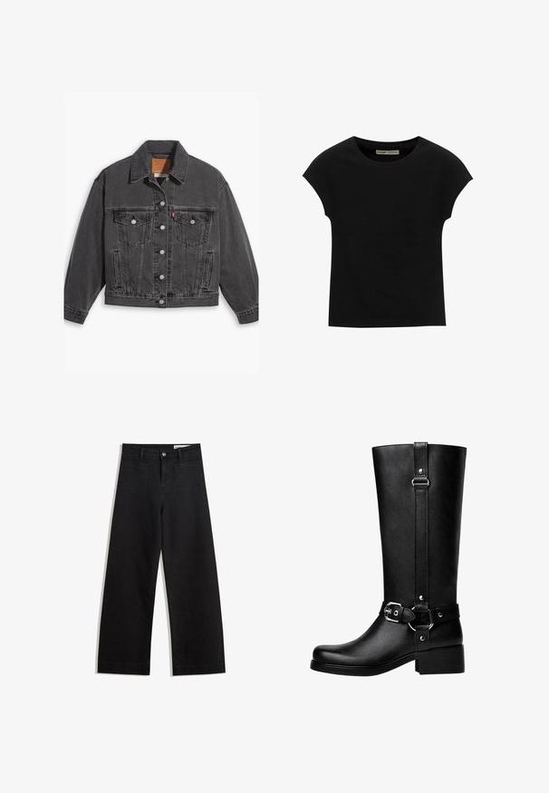 Zwarte denimjack met een kraag, knoopsluitingen, twee borstzakken en een licht verouderde textuur. Klassiek ontwerp met een getailleerde pasvorm.; Zwart T-shirt met korte mouwen en een ronde halslijn. Gemaakt van soepel, rekbaar katoenen stof. Eenvoudig ontwerp zonder patronen of afbeeldingen.; Zwarte denim broek met wijde pijpen en een hoge taille, voorzien van voor- en achterzakken, gestikte naden en een knoopsluiting. Gladde textuur.; Hoge zwarte neplederen laarzen met een ronde neus, accentriem met gespsleutel en een brede hak. Glad textuur en verticale naad op de schacht.