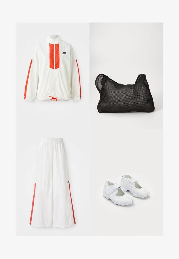 Valge tuulejope punaste vertikaalsete triipudega ja nööriga alumises osas. Omab püsti seisvat kraed ja esimest lukku. Nike logo rinnal.; Heledad roosa särk, millel on vertikaalsed tumepruunid triibud, pika varrukaga, nööbid ettepoole ja klassikaline krae. Sile kangas ja istuv disain.; Valged laiad püksid elastse vöökohtaga, millel on punased külgpaneelid ja väike must logo vasakul küljel. Tekstuuriga kangas.; Valged sportlikud jalanõud, millel on tekstureeritud pealispind, reguleeritav Velcro rihm, ümar varvas ja paks tallaga, millel on selge mustrimuster.; Must mustriga mustkott pehmea, tekstureeritud pinna ja ümarate kujunditega. Omab kahte käepidet ja avarat interjööri. Kerge ja hingav disain.