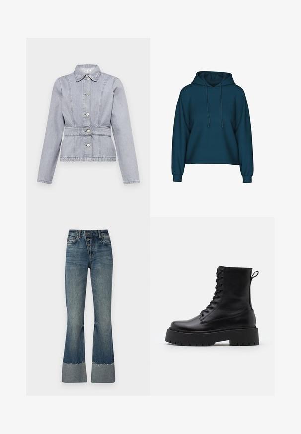 Helehall denimist jakk, millel on krae, nupud, figureeriv vöökoht ja diskreetsed õmbluse detailid. Pikad varrukad, millel on struktureeritud disain.; Türkiis pulloveri kapuutsiga, pika varrukaga ja soonikkoes. Valmistatud pehmest kangast ja laiemast lõikest.; Keskmise sinise värvi teksapüksid, millel on kõrge vöökoht, viis nööpi ja rebenenud alumine äär. Alumine äär on heledam ning kangas on kergelt pleekinud.; Mustad mustad nahast pahkluu saapad ümarate varvastega, nööridega esiosas ja paksu kummist talla ning tekstuuritud mustriga. Tagumine tõmbeaas.