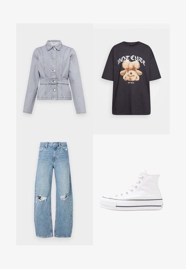 Világosszürke farmerdzseki, gallérral, patentgombokkal, testhez simuló derékkal és finom varrási részletekkel. Hosszú ujjakkal, amelyek struktúrált kialakítást kaptak.; Fekete, oversized póló, rajta egy medvével és a "NEM CUKI, HANEM FÉKTELEN" felirattal vastag, fehér betűkkel. Pamut anyag.; Világoskék, magas derekú farmernadrág. Széles lábakkal, két szakadt térddel és klasszikus öt zsebes dizájnnal rendelkezik.; Fehér magaskorsó vászon sportcipő fekete gumi talppal, elülső gumi orrnyereggel és hat fűzőlyukkal, letisztult, minimalista dizájnnal.