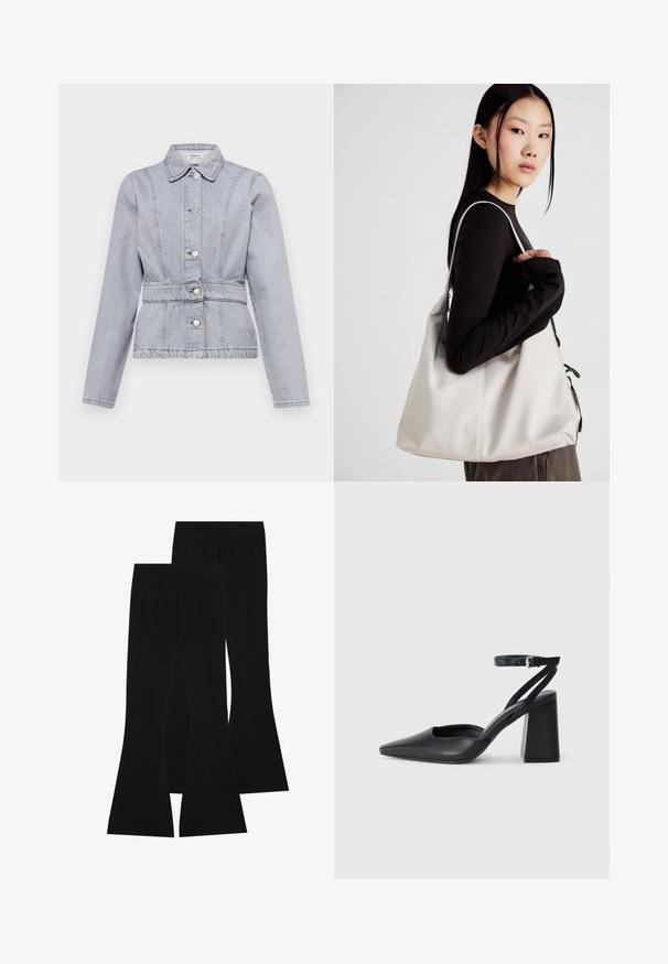 Giacca in denim grigio chiaro con colletto, bottoni a pressione, vita aderente e dettagli di cucitura sottili. Maniche lunghe con un design strutturato.; Due camicie a maniche lunghe: una nera e una bianca. Entrambe presentano un col a girocollo, maniche raglan e un morbido tessuto in misto cotone.; Pantaloni neri a zampa d'elefante realizzati in tessuto elasticizzato, con vita alta e una superficie liscia, dal taglio aderente che si allarga a partire dal ginocchio.; Pump in pelle nera con punta affusolata, cinturino alla caviglia e tacco spesso. Texture piatta, design elegante ed estetica minimalista.; Borsa a mano beige realizzata in materiale morbido, caratterizzata da un design morbido, dettagli cuciti e due manici. Adatta per l'uso quotidiano.