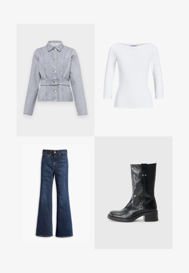 Svetlo šedá denimová bunda s golierom, patentkami, priliehavým pásom a jemnými detailmi šitia. Dlhé rukávy so štruktúrovaným dizajnom.; Biela rebrovaná blúzka s dlhým rukávom a lodičkovým výstrihom. Tkanina je hladká, priliehavá a má čisté zakončenie na manžetách a leme.; Džíny z tmavomodrého denimu s vysokým pásom, rozšírenými nohavicami, predným zapínaním na gombík a zips a dizajnom s piatimi vreckami.; Čierne kožené členkové topánky s okrúhlou špičkou, skromným blokovým opätkom a ozdobným bočným pásikom. Materiál má jemný, lesklý povrch.