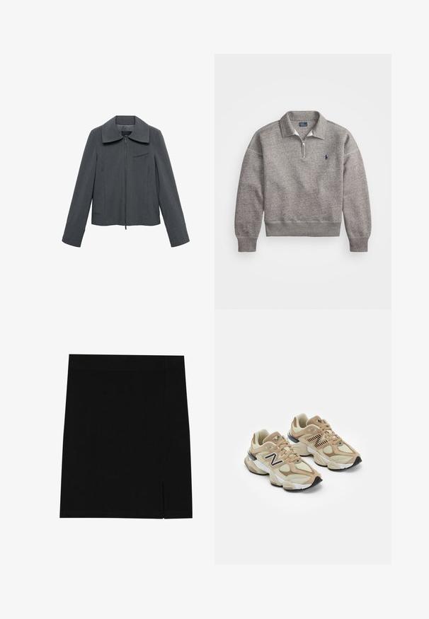 Siva skrajšana jakna z zadrgo, širokim ovratnikom in vertikalnimi črtami. Ima žep na prsih in dolge rokave. Gladka tekstura.; Siva mikica z zadrgo do polovice, rebrastimi manžetami in majhnim vezenim logotipom na prsih. Mehka mešanica bombaža.; Črna mini krila iz mehkega materiala s prilegajočim se krojem, ki ima rahel razporek ob strani za dodatno podrobnost.; Bež teniske z mrežastim in semiš materialom. Imajo črn logo in teksturirane detajle. Debela bela srednja podloga in črn gumijast podplat.