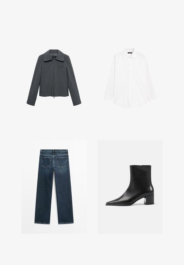 Grå cropped jakke med lynlås, bred krave og lodrette striber. Har en brystlomme og lange ærmer. Glat tekstur.; Hvid skjorte med knapper og lodrette lysegrå striber, spredt krave, lange ærmer og en afslappet pasform. Fremstillet af letvægtsstof.; Mørkeblå denimjeans i lige snit med to baglommer og synlig syning langs sømme og kanter.; Sort læder ankelstøvle med spidse tæer, glat tekstur og mellemhøj blokhæl. Minimalistisk design, lynlås lukning bagpå.