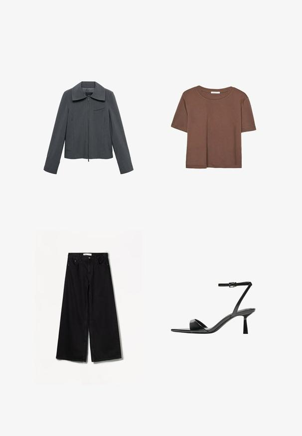 Giacca grigia corta con chiusura a zip, colletto ampio e righe verticali. Presenta una tasca sul petto e maniche lunghe. Texture liscia.; Maglietta a maniche corte marrone realizzata in tessuto morbido, con scollatura rotonda e vestibilità rilassata. Nessun motivo o dettaglio visibile.; Bershka WIDE-LEG - Wide Leg - black; Bershka Sandali con tacco - black