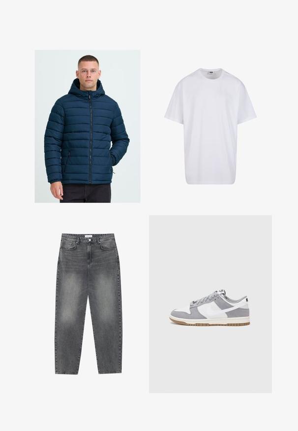 Polstret marineblå jakke med hette, med horisontale quiltede linjer, glidelås foran og sidelommer. Stoffet har en jevn tekstur.; Hvit bomull t-skjorte med korte ermer, rund utringning, avslappet passform, og ingen synlige logoer eller mønstre. Glatt tekstur og minimalistisk design.; Høyt liv, løstsittende jeans i falmet svart denim. Har fem lommer, beltehemper og et rent, rett ben-design.; Grå og hvite sneakers med overdel i semsket skinn og lær, rund tå, flate lisser, og gummisåle med gummibelegg.