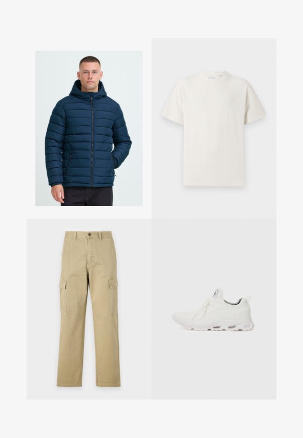 Jachetă căptușită de culoare bleumarin cu glugă, cu linii quilted orizontale, fermoar frontal și buzunare laterale. Materialul are o textură netedă.; Tricou alb cu maneci scurte, dintr-un material ribbed. Guler rotund, croi lejer, fără modele sau accente vizibile. Design simplu și versatil.; Pantaloni cargo bej din bumbac, cu două buzunare laterale, închidere cu nasture și picioare drepte dintr-un material ușor texturat.; Adidași albi cu un superior din țesătură texturată, șireturi plate și o talpă cu perne de aer vizibile pentru suport suplimentar.