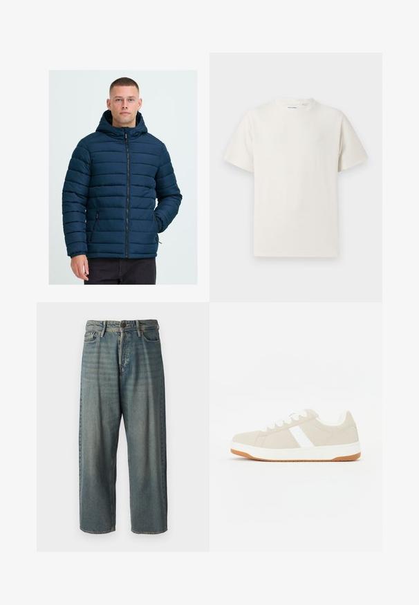 Piepildīta tumši zila jakas ar kapuci, kurai ir horizontālas kviltētas līnijas, priekšējais rāvējslēdzis un sānu kabatas. Audumam ir gluda tekstūra.; Balta krūštura īsām piedurknēm ar ribota auduma faktūru. Apaļš kakla izgriezums, brīvs griezums, bez redzamām rakstām vai akcentiem. Vienkāršs un daudzpusīgs dizains.; Gaiši zili džinsi ar brīvu piegriezumu, vidējo jostas augstumu un taisnām kājām. Satur piecas kabatas, jostas cilpas un pogu aizdari.; Bēge kedu ar baltām akcentiem, zamša tekstūra, noapaļota forma, saistīšanas dizains un kontrastējoša gumijas zole.