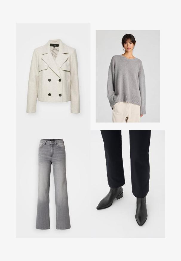 Doppelreihige Cremejacke mit strukturiertem Finish, aufgesetzten Revers, zwei frontalen Taschen, schwarzen Knöpfen und einer verkürzten Silhouette.; Grauer gestrickter Pullover mit lässiger Passform, Rundhalsausschnitt, gerippten Bündchen und Saum. Weiche Textur mit einem subtilen Strickmuster. Kombiniert mit hellen Hosen.; Hochtaillierte graue Denim-Jeans mit geradem Bein, Frontknopf und Reißverschluss, Vorder- und Gesäßtaschen sowie ausgewaschenen Schattierungen an Oberschenkeln und Waden.; Schwarze Leder-Stiefeletten mit spitzem Zehenbereich, Blockabsatz und strukturierten Seitenpaneelen, kombiniert mit dunklen Hosen vor einem weißen Hintergrund.