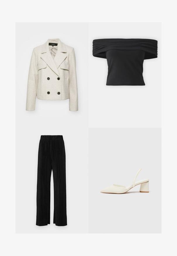 Double-breasted cream jacket with a textured finish, notched lapels, two frontal pockets, black buttons, and a cropped silhouette.; Black off-the-shoulder top with gathered texture at the neckline, short sleeves, and a fitted cropped design. Made from stretchy material.; Black pleated trousers with an elastic waistband. Features wide legs and a smooth, textured fabric with vertical stripes.; White slingback heeled shoe with a pointed toe, smooth texture, and a block heel. Features a thin strap at the back for secure fit.