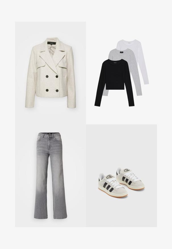 Dvoslojni kremasti sako s teksturiranim završetkom, reveri sa zareznim vrhom, dva prednja džepa, crni dugmadi i skraćenim siluetom.; Tri dugih rukava posložena: crna, siva i bijela. Svaka ima okrugli izrez i skrateni kroj s glatkom, laganom tkaninom.; Sive traperice visokog struka ravnog kroja, s prednjim gumbom i patentnim zatvaračem, prednjim i stražnjim džepovima te izblijedjelim nijansama na bedrima i listovima.; Sive suede tenisice s bijelim vezicama, crnim prugama i bijelim gumiranim potplatom. Imaju kružni logo na jeziku i gumeni potplat.