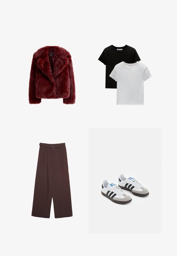 Burgundy fuskpälskjacka med en lurvig textur, breda slag och en kortad design. Har en slät inre foder.; Två crew-neck t-shirts i svart och vitt, tillverkade av bomull. De har korta ärmar och ett enfärgat mönster utan mönster eller accentuerade detaljer.; Stradivarius WIDE-LEG WITH BUCKLE DETAIL - Tygbyxor - dark brown; Sportskor med överdel i vit läder, grå mocka på tårna och tre svarta ränder. Har en blå logotyp på tungan och en texturerad gummisula.