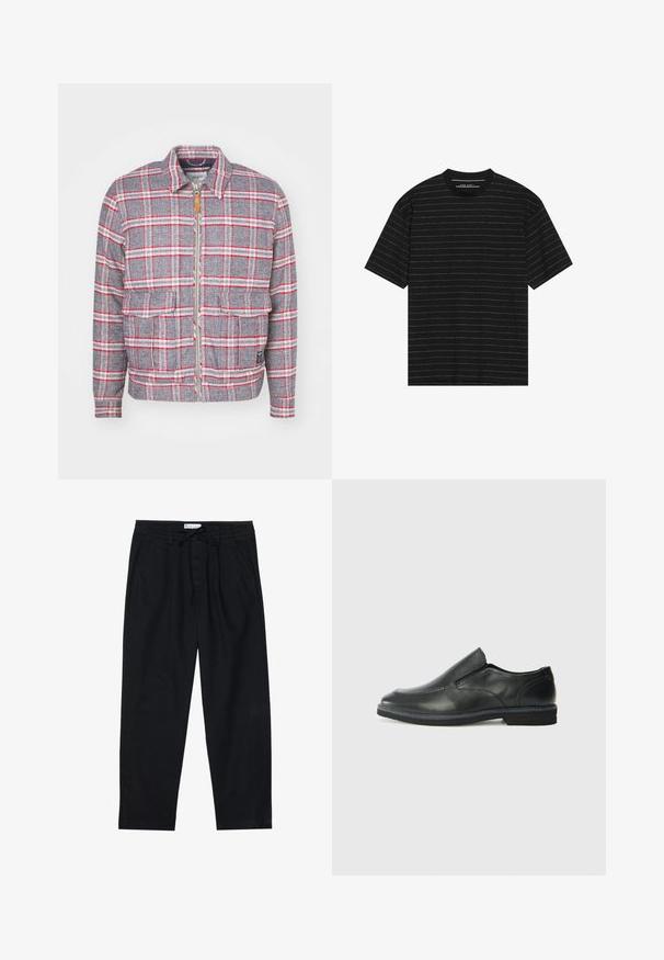 Šedá a červená kostkovaná bunda se zipem vpředu, dvěma předními kapsami a jednoduchým límcem. Vyrobena z texturované látky. Momentální design.; Černé tričko s krátkým rukávem, zdobené tenkými bílými horizontálními pruhy. Vyrobeno z měkké tkaniny s kulatým výstřihem a volným střihem.; Pier One Chino kalhoty - black; Černá kožená nazouvací bota s hladkým svrškem, prošívanými detaily, zaoblenou špičkou a nízkým gumovým podpatkem. Podešev má minimální vzorek.