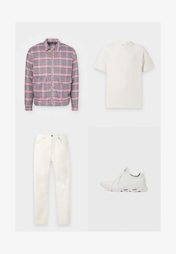 Siva in rdeča karirana jakna z zadrgo spredaj, dvema sprednjima žeparjema in preprostim ovratnikom. Narejena iz teksturirane tkanine. Priložnostna zasnova.; Bela majica s kratkimi rokavi iz rebraste tkanine. Okrogli izrez, sproščen kroj, brez vidnih vzorcev ali naglasov. Preprosta in vsestranska zasnova.; Bele denim hlače ravnega kroja, z petimi žepi, zapiranjem na gumb in diskretnimi šivi blizu pasu.; Bela atletska obuća z značilnom pletenom gornjom stranom, ravnim vezicama i podlogom s jastučićem koja ima vidljive zračne komore za dodatnu potporu.