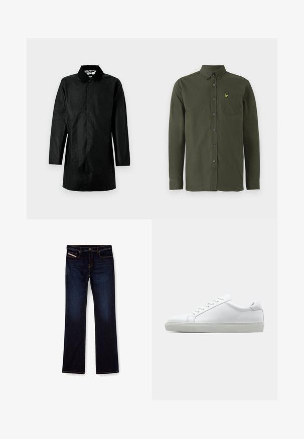 Fekete trench kabát könnyű anyagból, galléros nyakkal, hosszú ujjakkal és egyenes siluettel. Nincs látható hardver vagy minta.; Sötétzöld, hosszú ujjú, gombos ing, gombolt gallérral, mellzsebvel, és egy kis sárga, hímzett madárlogóval a zseben.; Sötétkék farmernadrág egyenes lábbal, narancssárga varrással, cipzáras sliccsel és elülső zsebekkel. Simább tapintású és standard derékkal rendelkezik.; Fehér sportcipő sima bőr felső résszel és alacsony profilsal. Kerek orr, hat fűzőlyuk és barázdált gumitalp jellemzi.