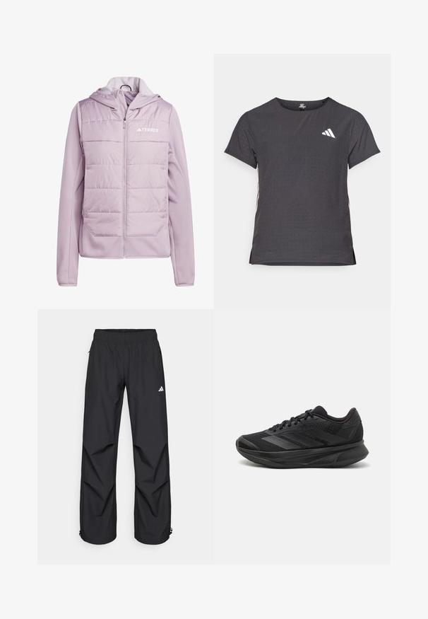 Light purple puffer jacket with a hood, featuring a zip front, smooth sleeves, and a logo on the chest. Textured padded front sections.; Short-sleeve athletic t-shirt, dark gray with perforated texture. Features a white logo and contrasting side stripes. Rounded neckline.; Black, lightweight, waterproof pants with an elastic waistband, side pockets, and adjustable cuffs. Features a white logo on the left thigh.; Black running shoe with a breathable mesh upper, rounded toe, sleek design, textured accents, and a cushioned sole for comfort.