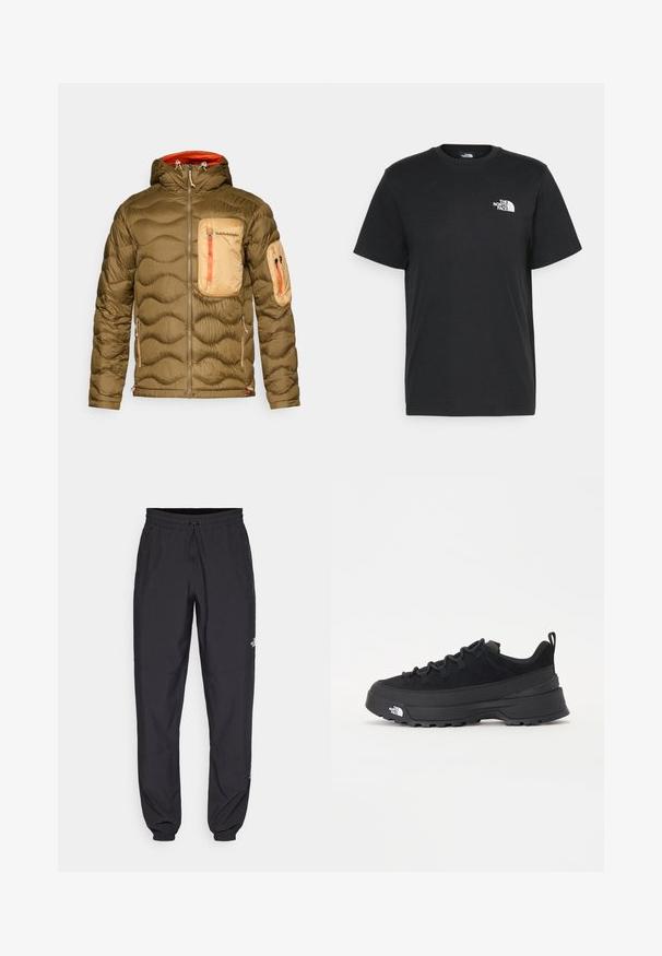 Olivenfarvet pufferjakke med en tekstureret, quiltet design. Har en lysebrun brystlomme, orange lynlåsdetaljer og en hætte.; Sort bomulds t-shirt med korte ærmer, rund hals og et lille hvidt logo på venstre bryst. Enkel design, glat tekstur og afslappet pasform.; Sorte atletiske bukser lavet af letvægtsstof, med en snor i taljen, sidelommer og tapered manchetter ved anklerne.; Sort udendørs sneakers med overdel i ruskind, tekstureret gummisål og robust snøringssystem. Har en forstærket hæl og logo fra mærket på siden.