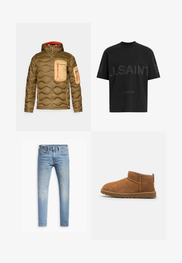 Jachetă puffer de culoare verde măslin, cu un design texturat, capitonat. Dispune de un buzunar pe piept de culoare maro deschis, accente portocalii la fermoar și o glugă.; Cămășă oversized neagră cu text de culoare gri închis "ALLSAINTS" pe piept și "LONDON" în litere mai mici dedesubt.; Jeans slim-fit de culoare albastru deschis, cu un ușor efect de decolorare pe coapse, închidere frontală cu nasture, bucle pentru Curea și stil de cinci buzunare, pe un fundal alb.; Botină antrenașă din suede bej, cu vârf rotund, detalii subtile de cusătură și o talpă din cauciuc texturată. Înălțime scurtă fără șireturi.