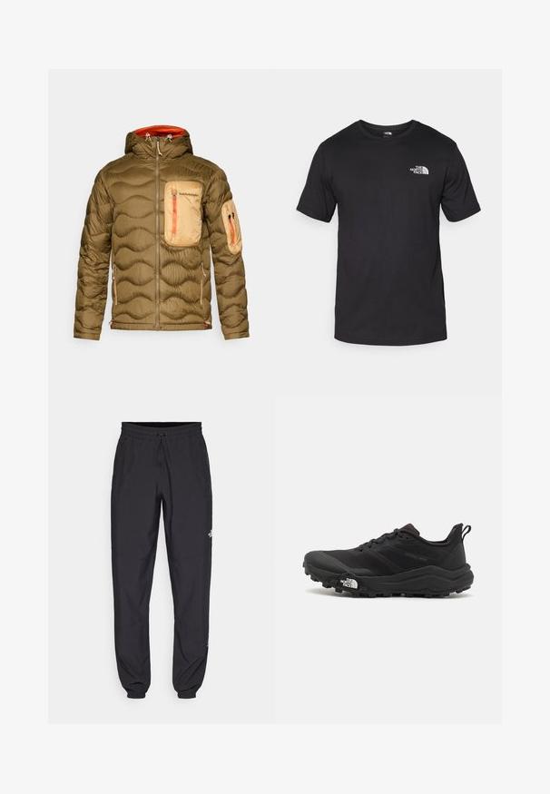 Olivenfarvet pufferjakke med en tekstureret, quiltet design. Har en lysebrun brystlomme, orange lynlåsdetaljer og en hætte.; Sort kortærmet t-shirt lavet af bomuld, med rund halsudskæring og et lille hvidt logo på den øverste venstre brystområde.; Sorte atletiske bukser lavet af letvægtsstof, med en snor i taljen, sidelommer og tapered manchetter ved anklerne.; Sort trail løbesko med en struktureret overdel, gummisål og forstærket tåhætte. Har en polstret krave og en pull-tab til nem påtagning.