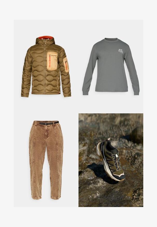 Olivenfarvet pufferjakke med en tekstureret, quiltet design. Har en lysebrun brystlomme, orange lynlåsdetaljer og en hætte.; Langærmet skjorte i grå stof med runde halsudskæring og et hvidt grafisk logo på venstre bryst. Glat tekstur og enkelt design.; Brune fløjlshorts med en tekstureret overflade, der har et justerbart sort bælte, sidelommer og en afslappet pasform. Bukserne snævrer ind mod anklerne.; Vandrestøvle i olivengrøn og sort med pink accenter. Har en tekstureret overdel, fleksibel sål, forstærket tåhætte og farverigt snøresystem.