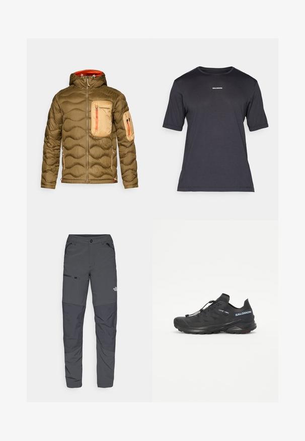 Olivová bunda s náplňou so štruktúrovaným prešívaním. Obsahuje svetlohnedú náprsné vrecko, oranžové zipsové akcenty a kapucňu.; Čierne krátke tričko s performančnými rukávmi vyrobené z priedušnej látky, s okrúhlym výstrihom a malým bielym logom "SALOMON" na hrudi.; Sivé vonkajšie nohavice s hladkou textúrou, s bočným vreckom na zips, zosilnenými kolenami a diskrétnym logom.; Čierna trailová bežecká obuv s textúrovaným vrškom, elastickými šnúrkami a podrážkou Contagrip. Obsahuje tesný strih a ochrannú špicu.
