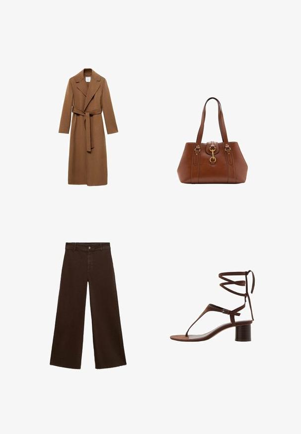 Lange bruine wollen jas met een geknipt kraag, lange mouwen en een zelfbindende riem. Heeft een getailleerde snit en een soepele textuur.; Zachte beige lange mouw crewneck trui met geribbelde manchetten, zoom en halslijn, plat weergegeven op een witte achtergrond.; Bruine wijde broek in katoenmix, met een rafelige zoom, sluiting met een knoop aan de voorkant en een klassieke vijf-pocketstijl. Minimalistisch en veelzijdig.; Bruine suède hoge hak sandaal met een driehoekige teband, enkellinten en een gestructureerde blokhak voor stabiliteit.; Bruine leren handtas met dubbele banden, een afgeronde vorm, gouden hardware en een centrale sluiting. Gladde textuur met gestikte accenten.