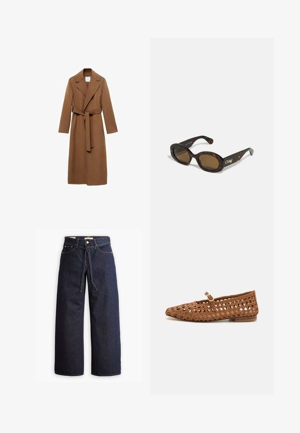 Pitkä ruskea villakangastakki, jossa on lovettu kaulus, pitkät hihat ja itsekiinnittyvä vyö. Ominaisuuksiin kuuluu muotoiltu leikkaus ja sileä pinta.; Ruskea neulepaita, jossa on korkea kaulus, raglan-hihat ja ribbaustekstuuri. Rentoa istuvuutta, solidi väri ilman kuvioita.; Korkeavyötäröiset tummansiniset leveälahkeiset farkut, joissa on narunauhakuja, viisi taskua ja kontrastiväriset ompeluseikat.; Kengät ruskeasta kudotusta materiaalista, joissa on terävä kärki ja leikattu muotoilu. Varustettu pienellä soljella ja matalalla puukorkolla.; Silmäänpistävät kilpikonnakuosisunglasses, joissa on ovaalit kehykset, ruskeat tummennetut linssit ja "Chloé"-brändäys varressa. Silkkinen muovimateriaali kiiltävällä pinnalla.; Kudotusta ruskeasta nahasta valmistettu käsilaukku, jossa on pyöreä muoto, kaksinkertaiset yläkahvat ja sileä pinta; sisältää hienovaraisia ompelukuvioita suunnittelun yksityiskohtana.