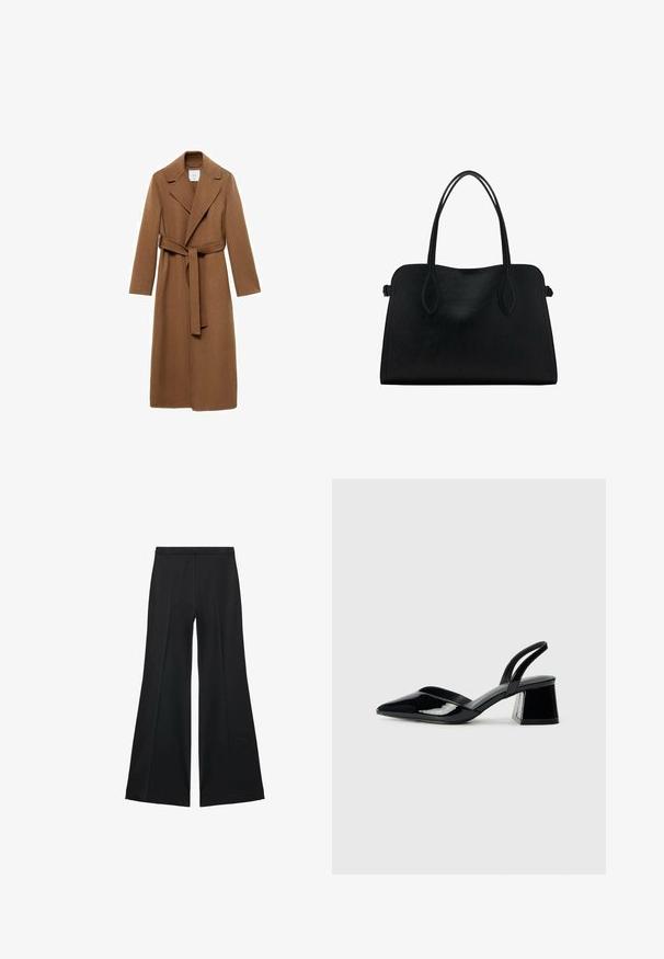 Cămașă lungă din lână maro, cu guler decupat, mâneci lungi și cordon din același material. Prezintă o croială ajustată și o textură fină.; Pulover tricotat maro cu guler înalt, mâneci lungi și o curea asortată la talie. Textură moale și croi lejer.; Pantaloni negri cu croială largă, având o textură netedă, cu pliseuri frontale și un design croit. Materialul este ușor și fluid.; Pantofi cu toc slingback din piele lacuită neagră, cu vârf ascuțit și toc geometric. Prezintă un design elegant, minimalist și o textură netedă.; Geantă din piele neagră cu două mânere pentru umăr, formă rectangulară și design minimalistic pe un fundal alb.