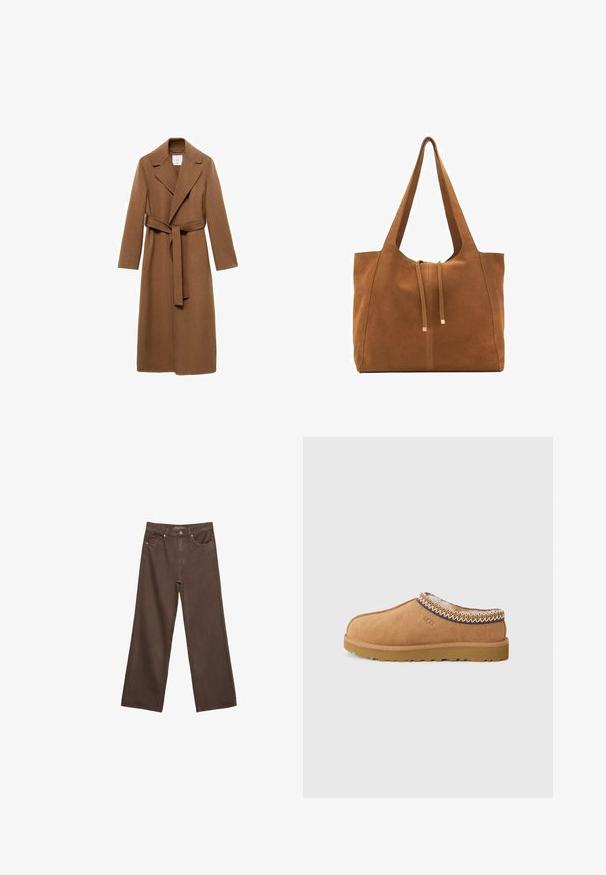 Dugi smeđi vuneni kaput s izrezanom ovratnikom, dugim rukavima i remenom na vezanje. Ima kroj prilagođen tijelu i glatku teksturu.; Kremasti pulover s smešnim smeškom, s smeškom smeškom, sa smeškom, pri rundi, u smešionim rukavima. Mekani pleteni materijal.; Proširene smeđe traperice od denima, s visokim strukom, prednjim džepovima i klasičnom kopčom na dugme. Glatka tekstura s suptilnim šavovima.; Bež mokasine od velura s teksturiranim vunenim podstavom i ukrasnim etničkim šavovima oko ovratnika. Ima gumeni potplat.; Smeđa antilop torba za ruke s dva duga remena, zatvaranje na vezicu i minimalistički dizajn. Glatka tekstura i bez vidljivih metalnih elemenata.