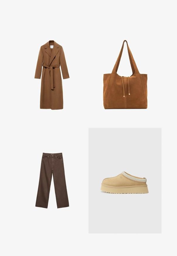 Pitkä ruskea villakangastakki, jossa on lovettu kaulus, pitkät hihat ja itsekiinnittyvä vyö. Ominaisuuksiin kuuluu muotoiltu leikkaus ja sileä pinta.; Ruskea ylisuurikokoinen t-paita, lyhyet hihat, pyöreä pääntie, valmistettu pehmeästä puuvillakankaasta, yksinkertainen muotoilu ja minimimäärä saumoja.; Leviittävät ruskeat farkut, jotka on valmistettu denimistä, korkea vyötärö, etutaskut ja klassinen nappikiinnitys. Silkkinen pinta hienovaraisella ompelutyöllä.; Vaaleanruskeat mokka-slip-on-kengät, joissa on pehmustettu kaulus ja teksturoitu vaaleansininen yksityiskohta. Ominaisuuksiin kuuluu paksu, kestävä pohja, jossa on kuvioitu kulutuspinta.; Ruskea nubuk-olkalaukku, jossa on kaksi pitkää hihnaa, naru- ja minimalinen sulkemismekanismi. Tasainen pinta ja ei näkyviä metalliosia.