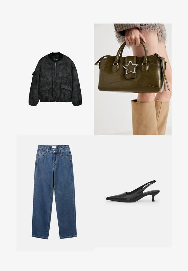Jachetă bomber neagră dintr-un material texturat, cu închidere cu fermoar, guler și manșete ribbate, și buzunare frontale mari cu un model floral embosat.; Pulover tricotat cu un design în carouri alb-negru, având modele texturate și guler rotund, cu manșete și tiv ribatate.; Jeans clasice din denim albastru, cu un design drept, cinci buzunare și închidere cu nasture. Prezentând o spălare medie și o textură rezistentă.; Sandal din piele neagră, cu vârf ascuțit și toc subțire, curbat. Are o curea ajustabilă discretă, cu o cataramă din metal.; Geantă din piele ecologică de culoare verde măslin, cu accent din stea argintie, două mânere și închidere cu fermoar. Suprafață texturată și formă structurată.