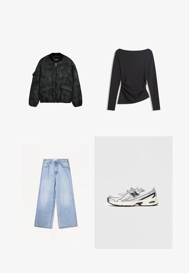 Crna bomber jakna od teksturiranog materijala, s patentnim zatvaračem, rebrastim ovratnikom i manžetama, te velikim prednjim džepovima s reljefnim cvjetnim uzorkom.; Crni uski top s dugim rukavima i brodovskim izrezom, s laganim nabiranjem na jednoj strani u struku, položen ravno na bijeloj pozadini.; Bershka WIDE-LEG - Široke nogavice - light-blue denim; Bijeli i sivi atletski tenisice s crnim "N" LOGO-om, mrežasta gornjište, podloga s amortizacijom i dizajn s čipkastom vezom, prikazano na jednostavnom svijetlosivom pozadini.