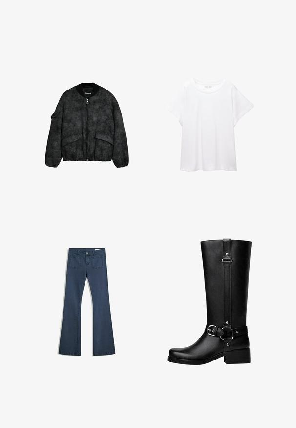 Fekete bombázó dzseki texturált anyagból, cipzáras záródással, bordás gallérral és mandzsettákkal, valamint nagyméretű előlappal, amely dombornyomott virágmintával rendelkezik.; Fehér póló, puha, könnyű anyagból készült. Kerek nyakú, rövid, széles ujjaival és laza szabásával rendelkezik. Nincsenek látható minták.; Sötétkék, bőszárú farmernadrág, varrott zsebekkel, gombos záródással és sima felülettel. Klasszikus ötpocket dizájnnal rendelkezik.; Magas fekete műbőr csizma lekerekített orral, kiemelkedő övcsattal és vastag sarokkal. Sima textura és függőleges varrás a szárán.