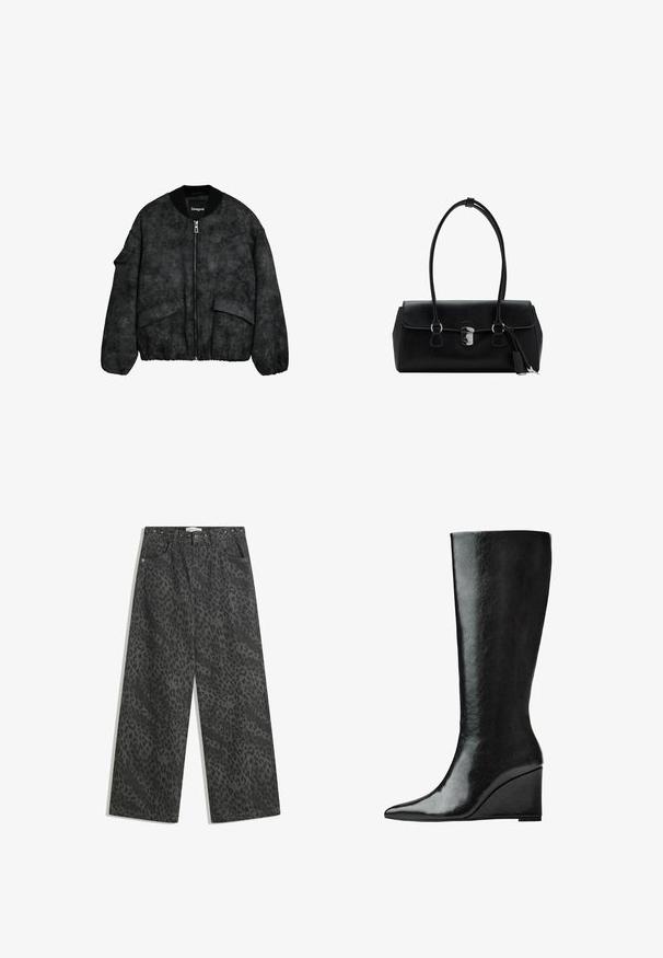Černá bomber bunda s texturovanou tkaninou, zipovým zapínáním, žebrovaným límcem a manžetami a velkými předními kapsami s embosovaným květinovým vzorem.; Dlouhý rukáv, top s kulatým výstřihem v krémové barvě, vyrobený z měkké látky. Disponuje rovný střihem a minimalistickým designem bez ozdob.; Černé džínové kalhoty s širokými nohavicemi, které mají jemný vzor leopardí srsti, kovové hroty na pásku a klasický design s pěti kapsami.; Černé kožené boty do půlky lýtek s úzkou, špičatou špičkou a klínovým podpatkem. Povrch je hladký s lesklým finišem.; Černá kožená kabelka s hladkým povrchem, strukturovaným designem, dvojitými uchy a stříbrným kováním ve středu.