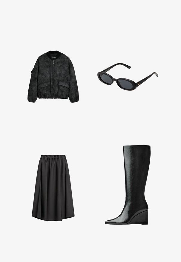 Czarna kurtka bomberka z teksturowanym materiałem, zamek błyskawiczny, prążkowany kołnierz i mankiety oraz duże przednie kieszenie z wytłoczonym kwiatowym wzorem.; Długo rękawowa koszula z miękkiego, jasnoniebieskiego materiału. Posiada szeroki, okrągły dekolt oraz prosty krój z bocznymi rozcięciami. Gładka tekstura.; Czarna midi spódnica wykonana z lekkiego, płynącego materiału, z elastycznym pasem i delikatną sylwetką w kształcie litery A. Bez widocznych wzorów ani akcentów.; Czarne skórzane kozaki sięgające do kolan, z eleganckim, spiczastym noskiem i obcasem w kształcie klina. Powierzchnia jest gładka o błyszczącym wykończeniu.; Czarne, oversize okulary przeciwsłoneczne z owalnymi soczewkami, gładkim plastikowym mostkiem i złotymi akcentami na zausznikach. Ciemne soczewki zapewniają ochronę przed słońcem.