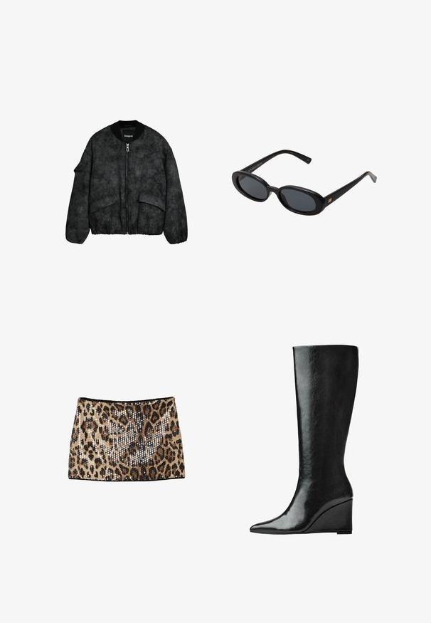Černá bomber bunda s texturovanou tkaninou, zipovým zapínáním, žebrovaným límcem a manžetami a velkými předními kapsami s embosovaným květinovým vzorem.; Černý top s odhalenými rameny a dlouhými rukávy, vyrobený z jemné látky. Má zkrácený design s širším výstřihem a přiléhavými rukávy.; Mini sukně s leopardím potiskem, zdobená zlatými a černými flitry, se střihaným designem a černým pasem.; Černé kožené boty do půlky lýtek s úzkou, špičatou špičkou a klínovým podpatkem. Povrch je hladký s lesklým finišem.; Černé oversized sluneční brýle s oválnými čočkami, hladkým plastovým rámem a zlatými akcenty na spáncích. Tmavé čočky poskytují ochranu před sluncem.
