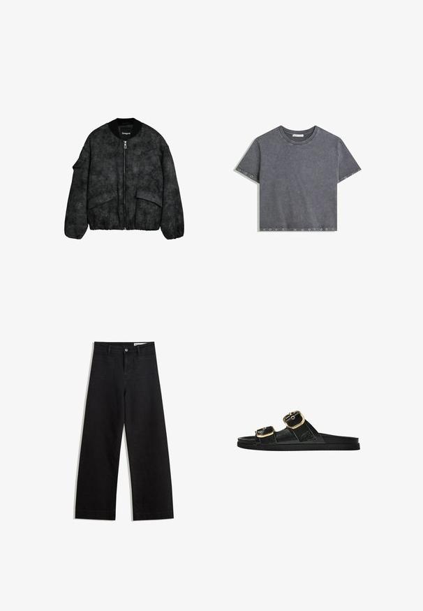 Black bomber jacket with a textured fabric, zip closure, ribbed collar and cuffs, and large front pockets featuring an embossed floral pattern.; Short-sleeve washed gray crop top with metal eyelets along the sleeves and bottom hem, crew neck, laid flat on white background.; Black wide-leg denim pants with a high waist, featuring front and back pockets, stitched seams, and a button closure. Smooth texture.; Black slide sandal with two gold buckle accents, smooth textured material, flat sole, and a minimalist design.