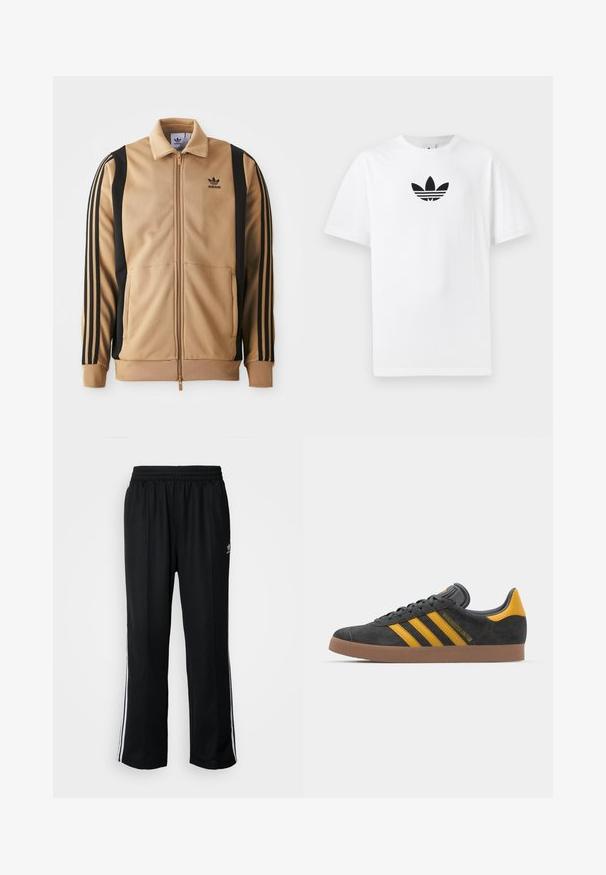 Zebra jakna s zadrgo, izdelana iz teksturirane tkanine, z črnimi navpičnimi črtami na rokavih in logotipom Adidas na prsih.; Bela bombažna majica s črnim logojem Adidas na sredini. Kratki rokavi in oblikovanje z okrog lim. Gladka tekstura.; Črne atletske hlače z elastičnim pasom, ki imajo bele stranske črte in majhen logo. Material izgleda mehak in lahek.; Črne semiš tene z rumenimi akcenti, ki vsebujejo tri trakove in rjavo gumo podplat. Vključujejo oblazinjeno jezik za udobje.