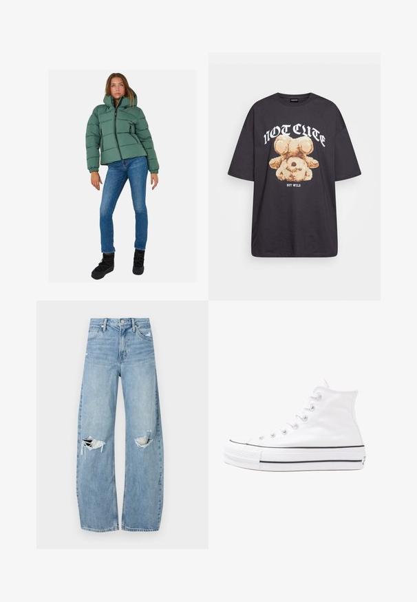 Zielona kurtka puchowa z kapturem, zapinana na zamek z przodu i dwoma bocznymi kieszeniami. Lekka, pikowana konstrukcja z elastycznymi mankietami. Połączona z niebieskimi dżinsami i czarnymi butami.; Czarny, oversize t-shirt z grafiką niedźwiedzia i napisem „NIE UROCZY, ALE DZIKI” w grubej, białej czcionce. Materiał bawełniany.; Jasnoniebieskie, wysokiej talii dżinsy wykonane z denimu. Posiadają szerokie nogawki, dwa podarte miejsca na kolanach oraz klasyczne pięć kieszeni.; Białe wysokie trampki z płótna z czarną gumową podeszwą, przednim czubkiem z gumy i sześcioma dziurkami na sznurowadła, charakteryzujące się prostym, minimalistycznym designem.