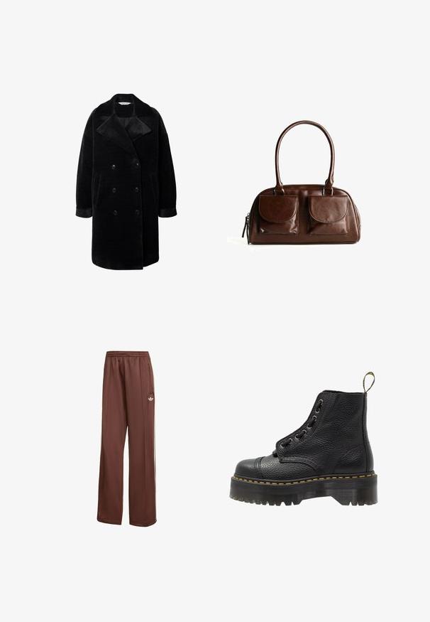 Sort dobbeltbrystet frakke med bred krave, lavet af struktureret stof. Har to sidelommer og knaplukninger.; Kaffe YOKO BOATNECK - T-shirts basic - zinfandel; Brune sportsbukser med en afslappet pasform. Lavet af glat stof, med sidelommer, hvide striber og et lille hvidt logo på låret.; Sorte læder ankelstøvler med tekstureret overflade, rund tå, snørebåndsdesign, gule stikninger og en tyk, rillet sort platformsål.; Brun læderhåndtaske med to frontklaplommer, runde håndtag og en lynlås på siden mod en hvid baggrund.
