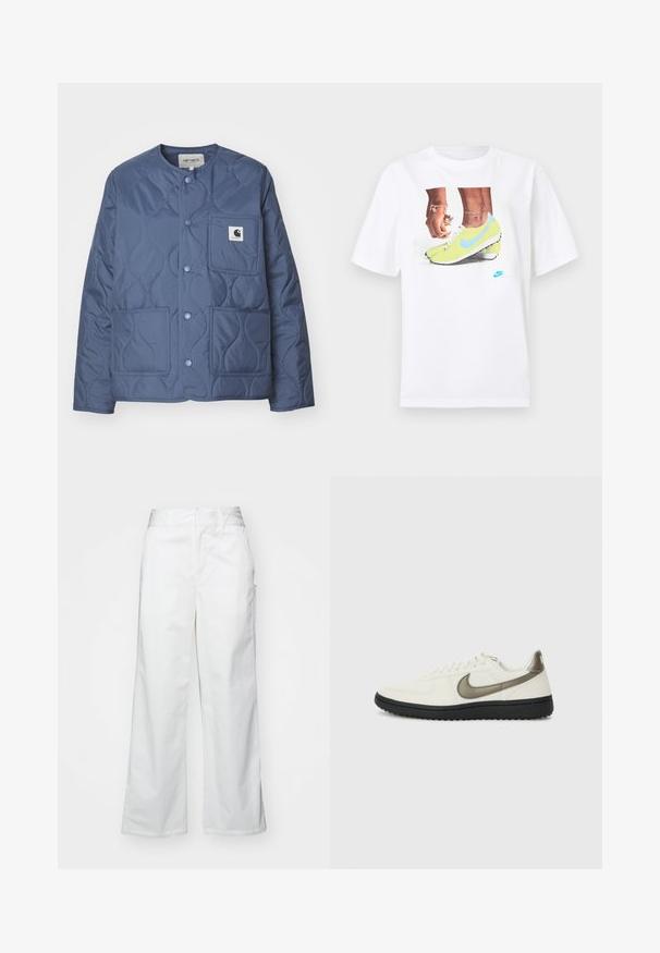 Carhartt WIP SKYLER LINER - Veste mi-saison - positano; T-shirt en coton blanc avec un graphisme de pieds chaussés de crampons Nike jaunes avec des accents bleus, accompagné d'un bracelet au poignet gauche.; Pantalons oversized blancs en coton, avec une texture lisse, une coupe droite, des poches avant et un ourlet soigné.; Nike Sportswear FIELD GENERAL - Baskets basses - off-white/black