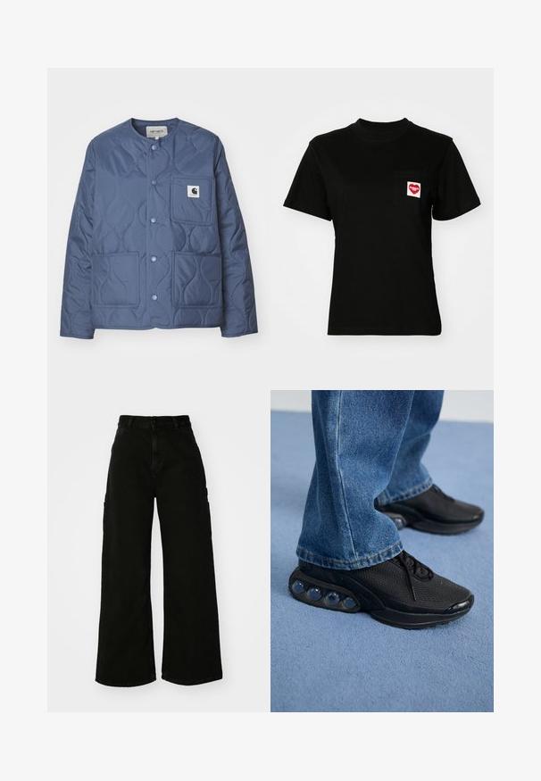 Carhartt WIP SKYLER LINER - Giacca da mezza stagione - positano; T-shirt in cotone nero con colletto rotondo e maniche corte. Presenta una tasca frontale con un logo a forma di cuore rosso e testo bianco.; Pantaloni cargo neri a gamba larga in denim, con vita alta, chiusura frontale con bottone e tasche laterali. Texture liscia con cuciture minime.; Scarpe da ginnastica nere con tomaia in rete, dettagli testurizzati e pod di ammortizzazione visibili nella suola. Indossate con jeans in denim blu.