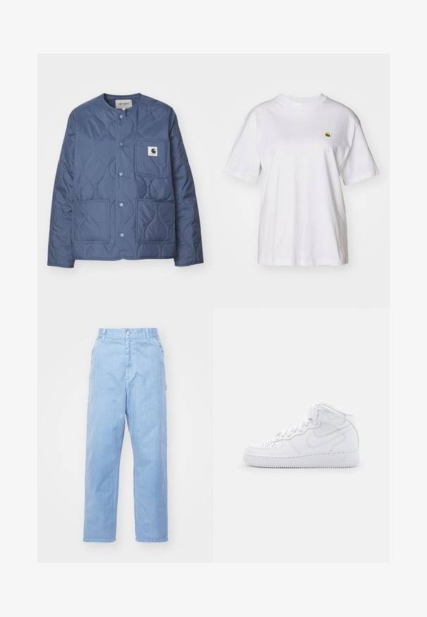 Carhartt WIP SKYLER LINER - Light jacket - positano; White cotton t-shirt with a relaxed fit, short sleeves, and a small embroidered logo on the left chest area.; Light blue denim trousers with a straight leg design, button closure, and front pockets. Fabric has a subtle texture with a smooth finish.; White high-top sneakers made of leather with a padded collar, perforated toe, laces, and adjustable ankle strap; logo on the side.