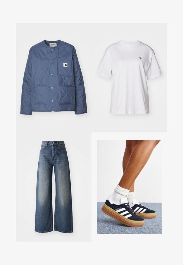 Carhartt WIP SKYLER LINER - Könnyű dzseki - positano; Fehér pamut póló laza szabással, rövid ujjakkal és egy kis hímzett logóval a bal mellrészén.; Kék, magas derekú, bőszárú farmernadrág elülső gombbal és zsebekkel, a combokon elhalványult textúrával és egyenes szegéllyel.; Fekete velúr sportcipő fehér csíkokkal és díszítésekkel, lekerekített orral, gumitalpú külső résszel, fehér bordázott bokazoknival párosítva.