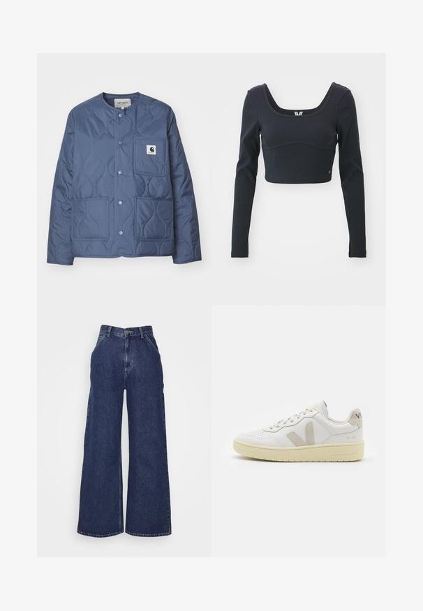 Carhartt WIP SKYLER LINER - Light jacket - positano; Black long-sleeve cropped top in ribbed texture, featuring a wide scoop neckline and fitted silhouette, with a subtle brand logo accent.; Wide-leg denim jeans in dark blue, featuring a high waist, front pockets, and a zipper fly with a metal button. Smooth texture and classic design.; White leather sneaker with beige suede accents, perforated toe box, flat laces, and a textured cream sole. Features subtle branding on heel.