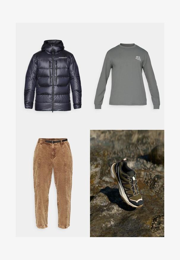 Purūs tamsiai mėlyni pūkiniai džinsai su kapišonu, užtrauktuku priekyje, dviem krūtinės kišenėmis ir firminiu logotipu viršutinėje kairėje pusėje. Lygus, blizgus paviršius.; Ilgaaulio marškiniai iš pilkos medžiagos, su apvalia kaklo iškirpte ir baltu grafiniu logotipu kairėje krūtinės pusėje. Lygi tekstūra ir paprastas dizainas.; Rudos korduroyo kelnės su tekstūruota paviršiumi, turinčios juodą reguliuojamą diržą, šonines kišenes ir laisvą siluetą. Kelnės siaurėja link kulkšnių.; Žygio batai olivų žalios ir juodos spalvos su rožiniais akcentais. Turi tekstūruotą viršutinę dalį, lankstų pado tipą, sustiprintą pirštų dalį ir spalvingą raištelių sistemą.